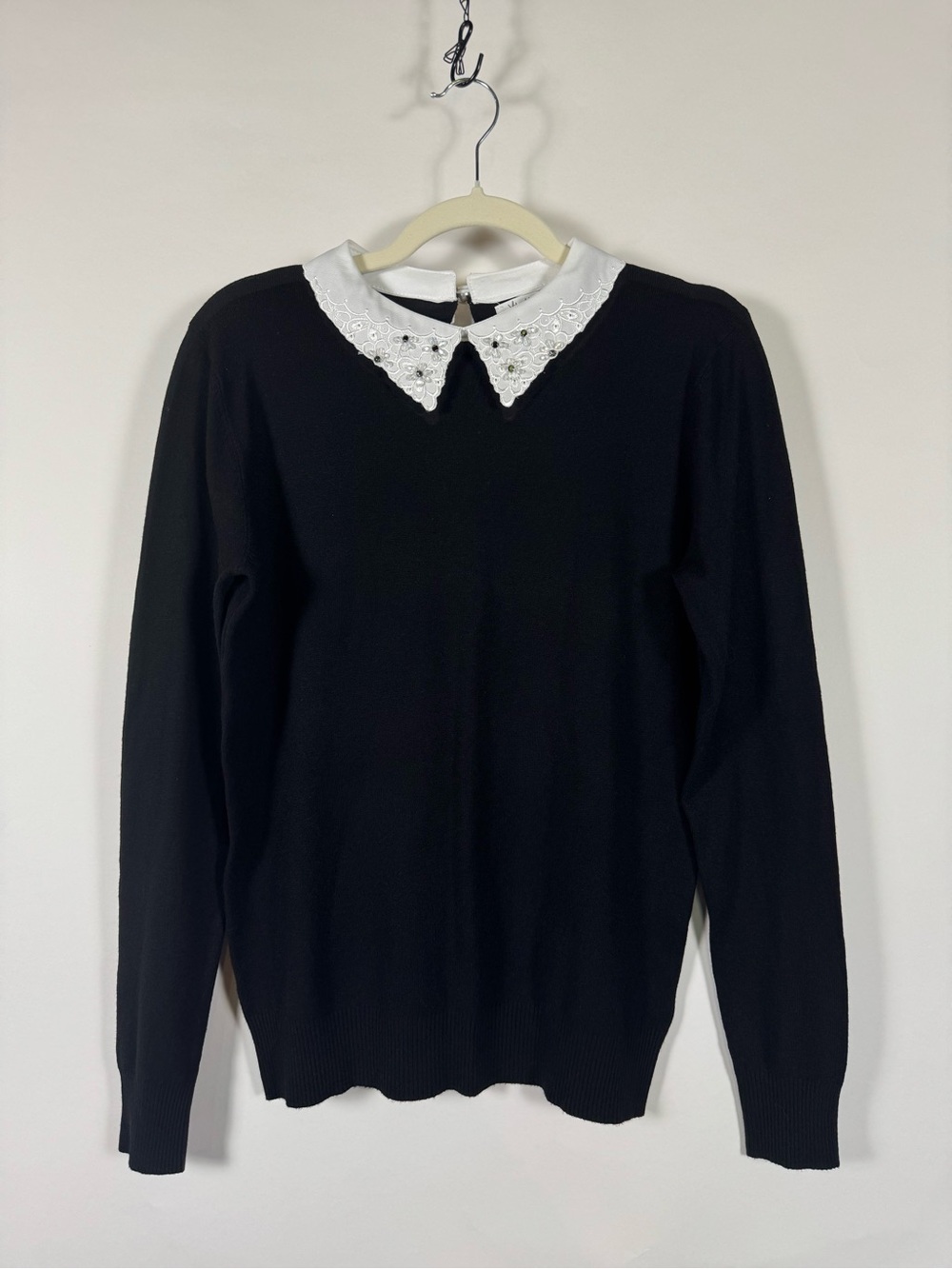 Vila Milano Sweater Embellished White Peter Pan Collar Lg Wednesday Adams Twee